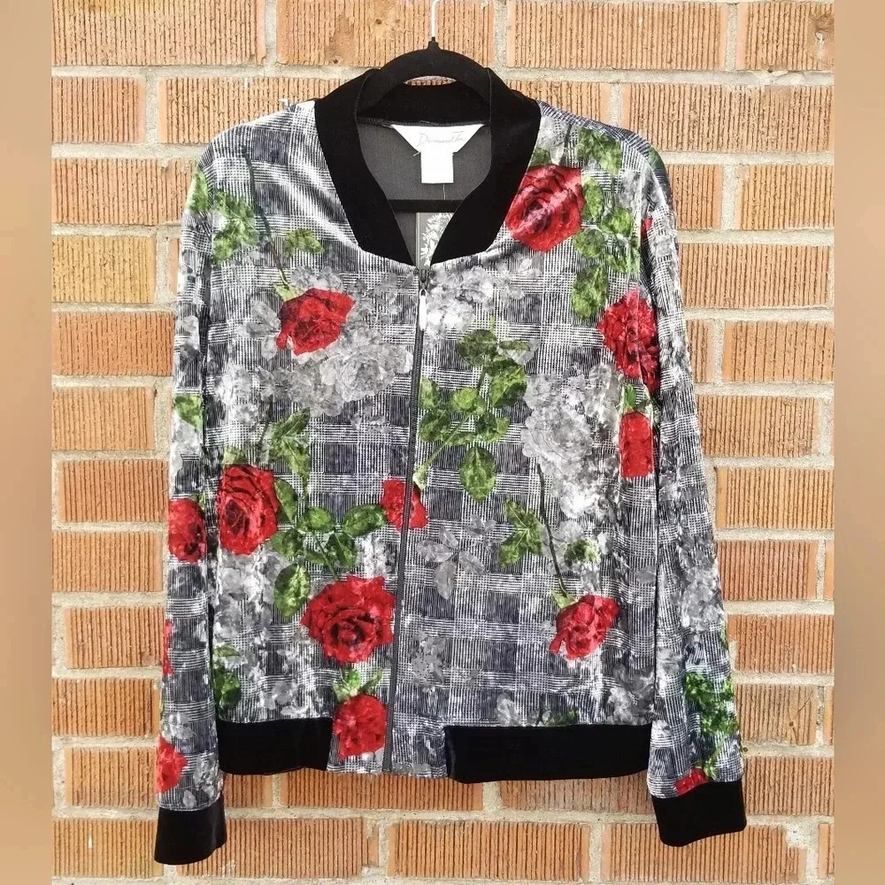 🇨🇦 Diamond Tea Grey Silver Velvet Floral Bomber Jacket Red Roses Pattern Large